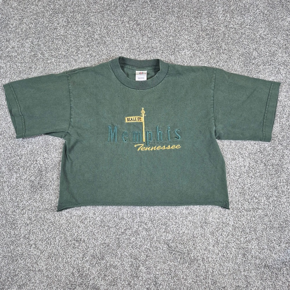 Vintage Embroidered T-Shirt Medium‎ Green Memphis Tennessee Cropped Made in USA